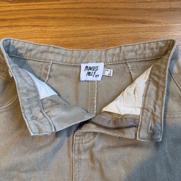 Princess Polly Khaki Denim Shorts High Waist Pleated Pockets Zip Size 2 - Picture 6 of 7
